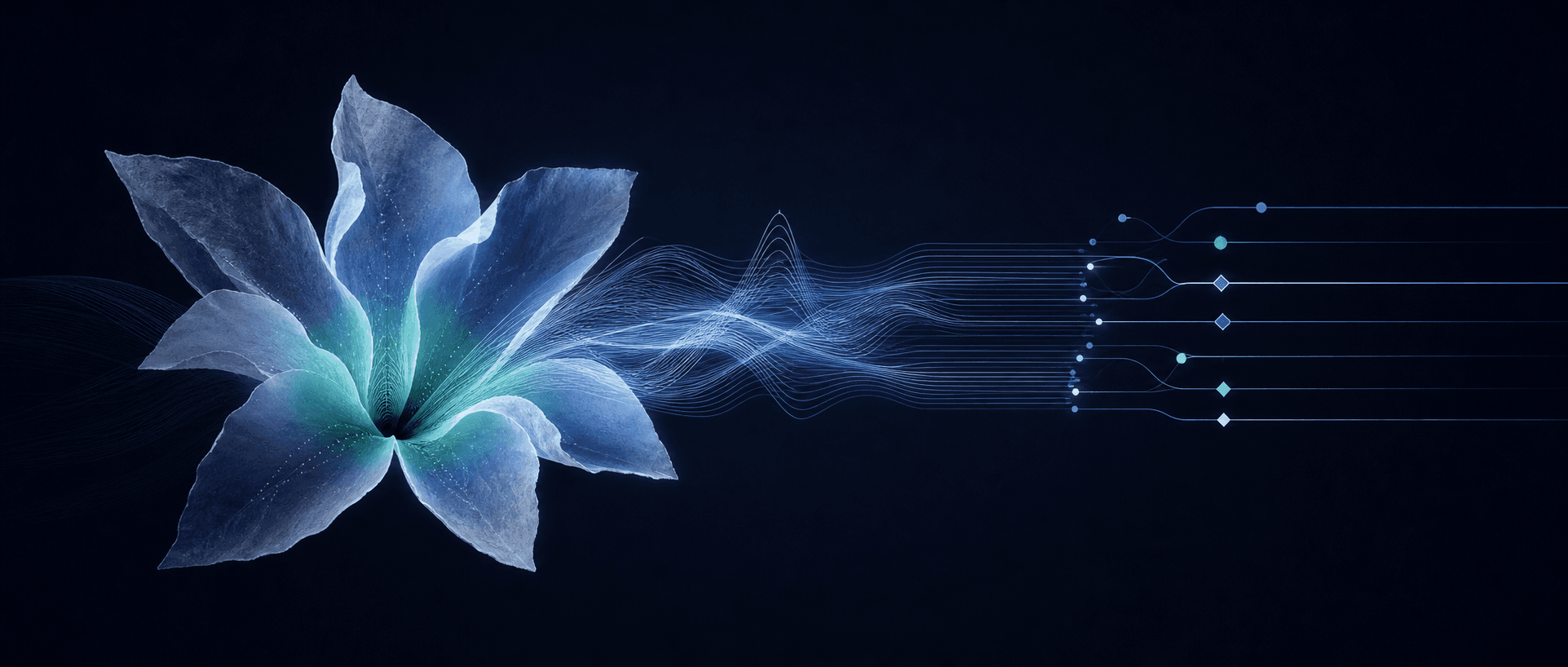 An abstract blue blossom opening into voice waveforms and structured lines